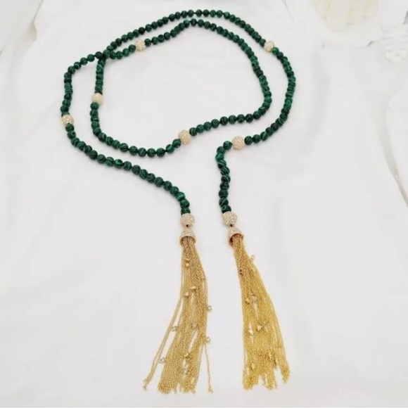 Elegant Green Beaded Necklace with Gold Tassels